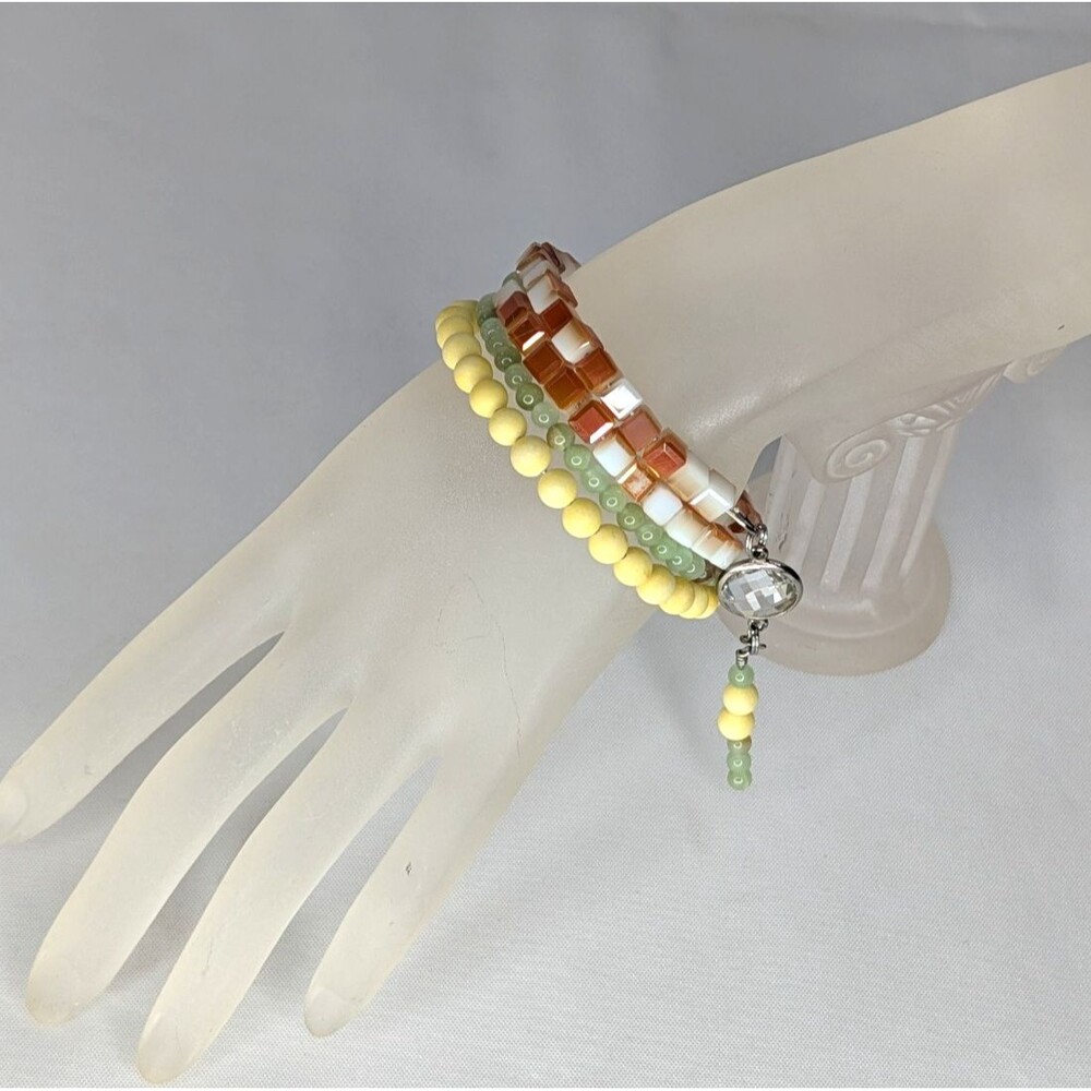 Adjustable Bracelet - 3 Coil, Yellow Jade, Amber, & Green Beads with Dangles